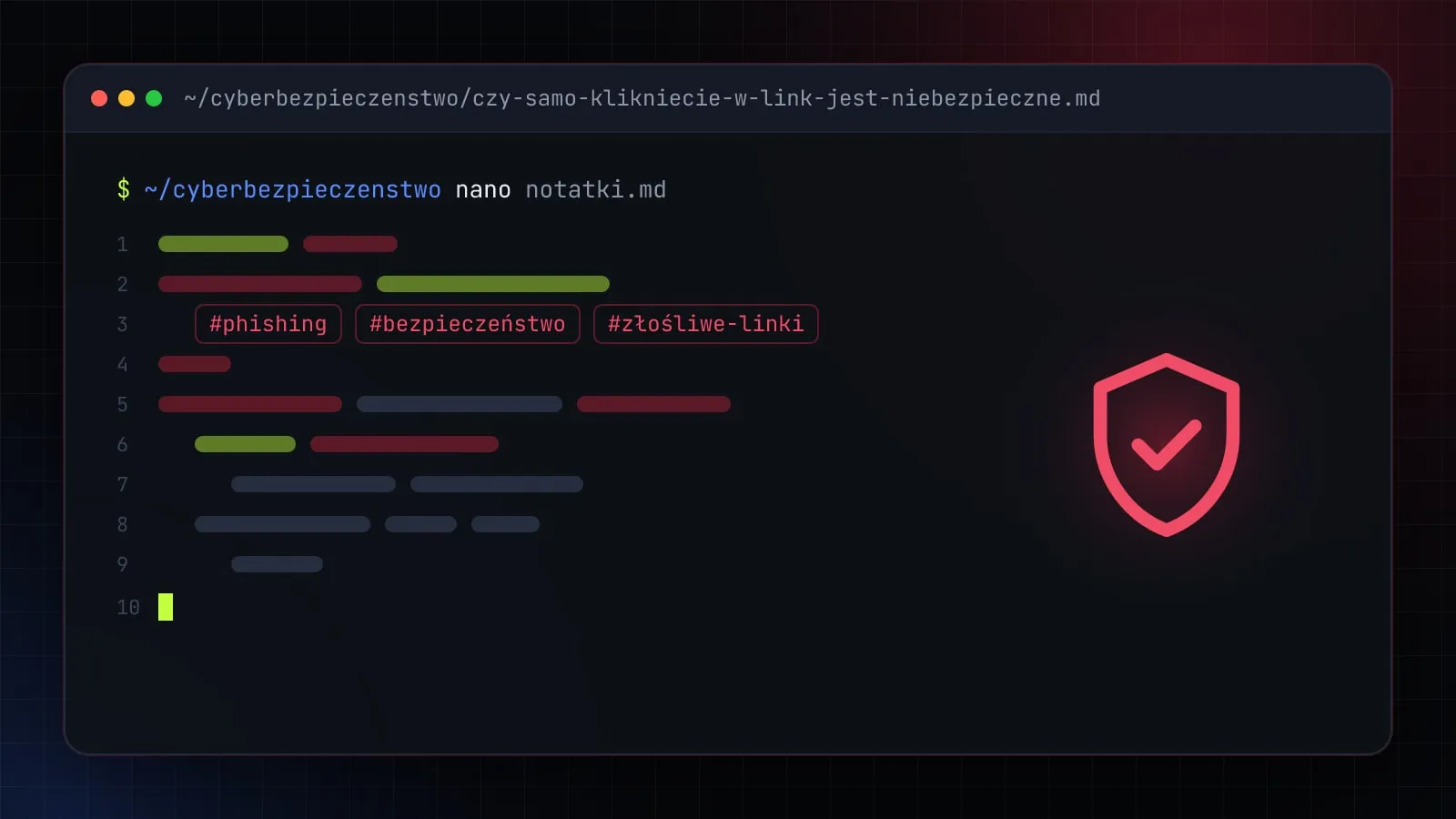 Ilustracja do artykułu „Czy samo kliknięcie w link jest niebezpieczne? Kiedy ryzyko jest realne” — okno edytora z ikoną działu Cyberbezpieczeństwo